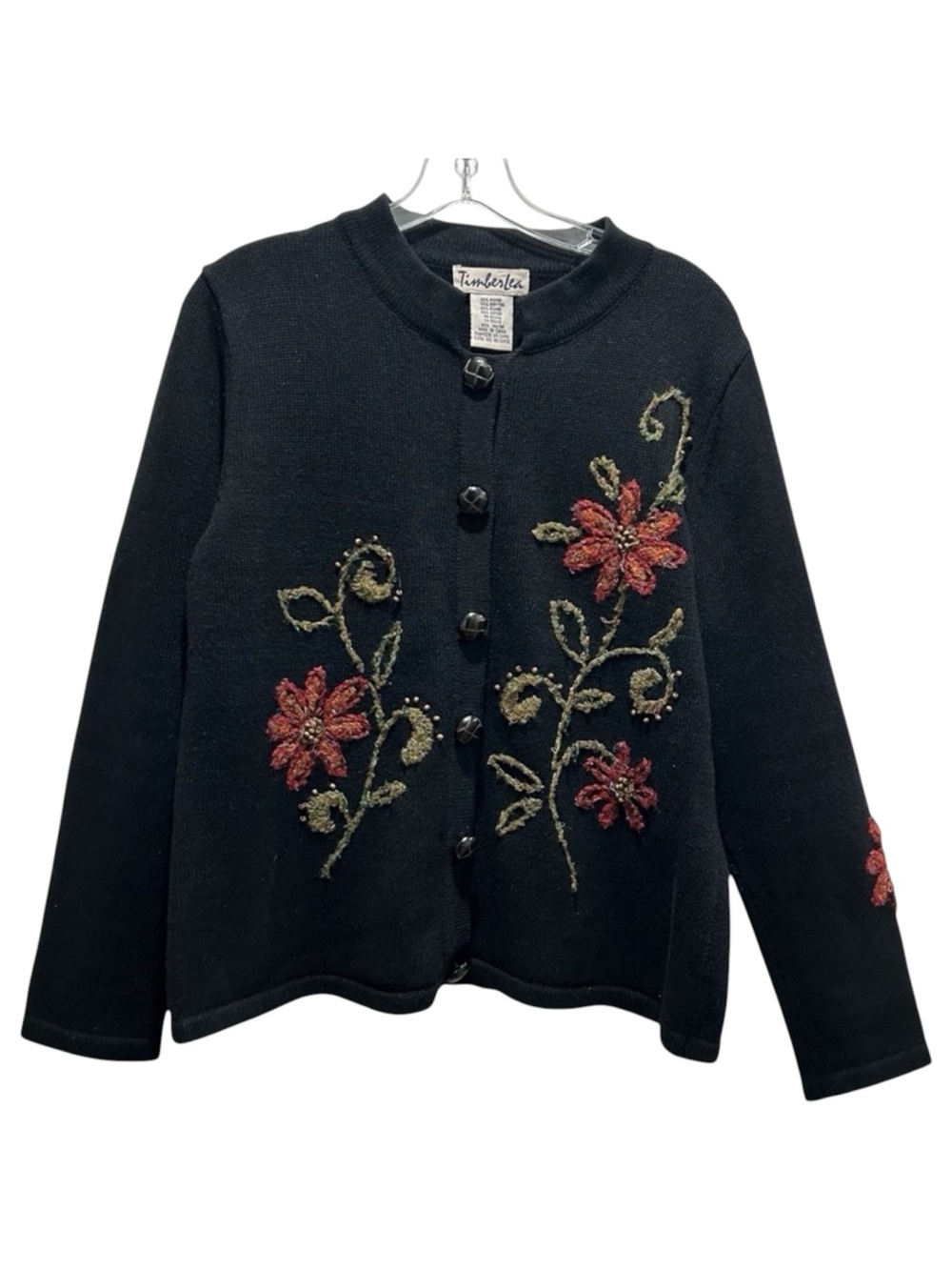 VTG Timberlea Black Ramie Cotton Blend Floral Embroidered Cardigan - Medium